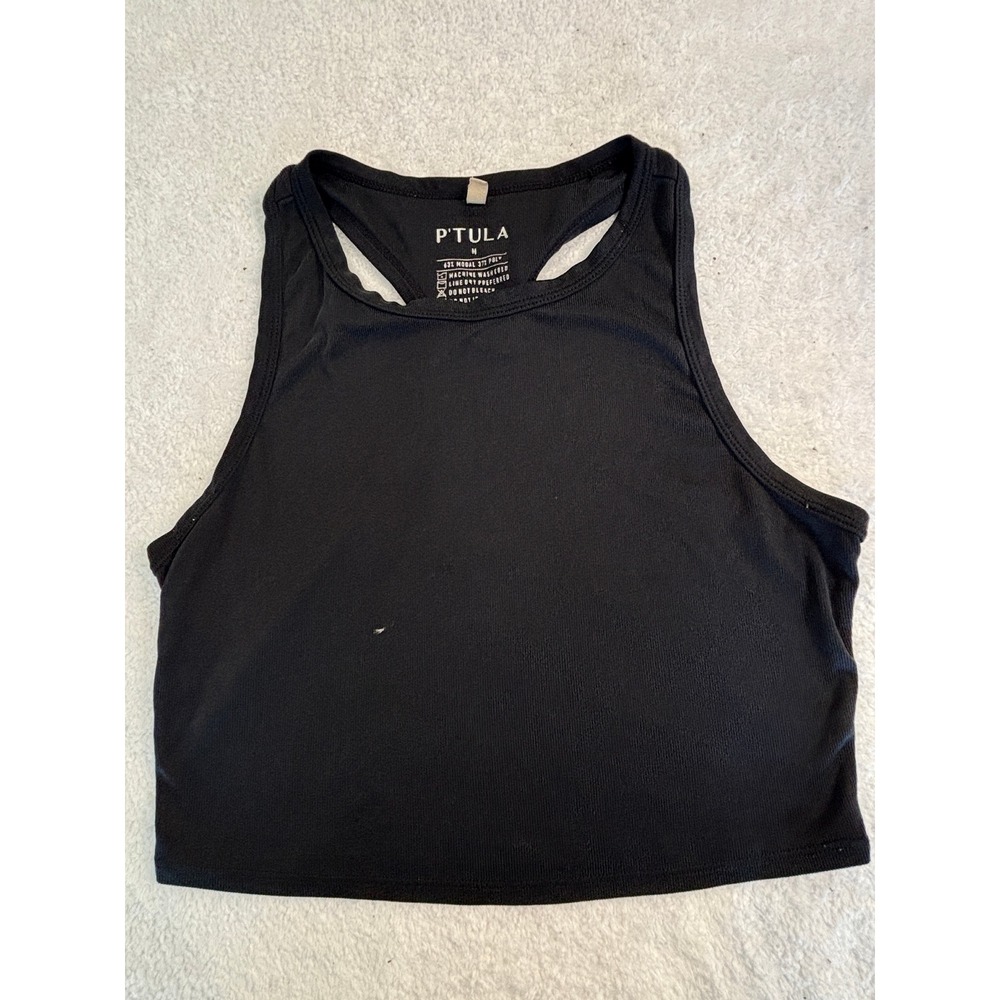 Ptula Active Black Ribbed Racerback Crop Tank Top High Neck Size Medium